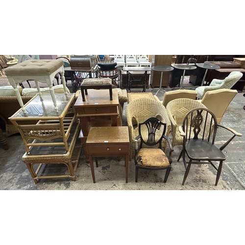 58 - Eleven pieces of furniture to include Ercol Fleur De Lys elm and beech carver dining chair, two wick... 