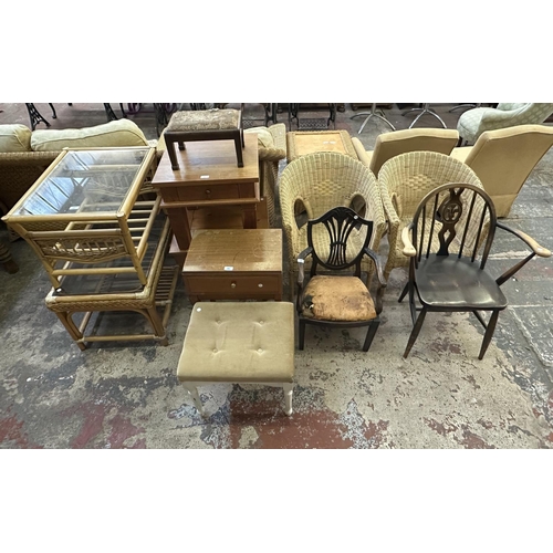 58 - Eleven pieces of furniture to include Ercol Fleur De Lys elm and beech carver dining chair, two wick... 