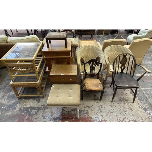 58 - Eleven pieces of furniture to include Ercol Fleur De Lys elm and beech carver dining chair, two wick... 