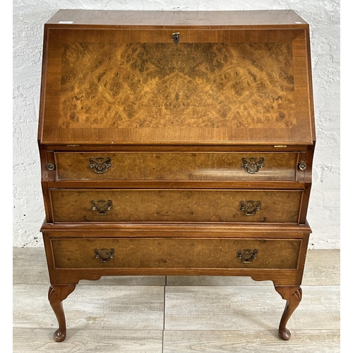 73A - A Queen Anne style burr walnut bureau - approx. 99cm high x 74cm wide x 41cm deep