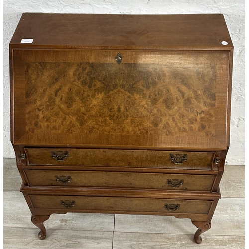 73A - A Queen Anne style burr walnut bureau - approx. 99cm high x 74cm wide x 41cm deep