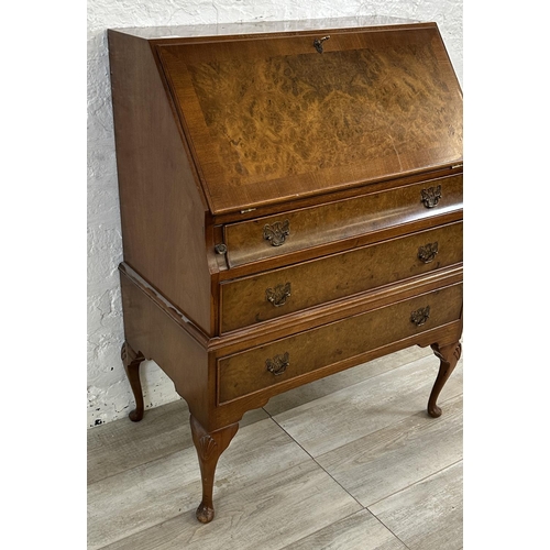 73A - A Queen Anne style burr walnut bureau - approx. 99cm high x 74cm wide x 41cm deep