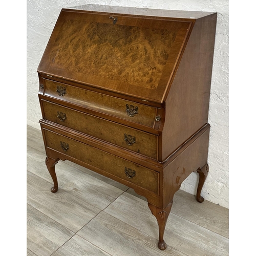 73A - A Queen Anne style burr walnut bureau - approx. 99cm high x 74cm wide x 41cm deep