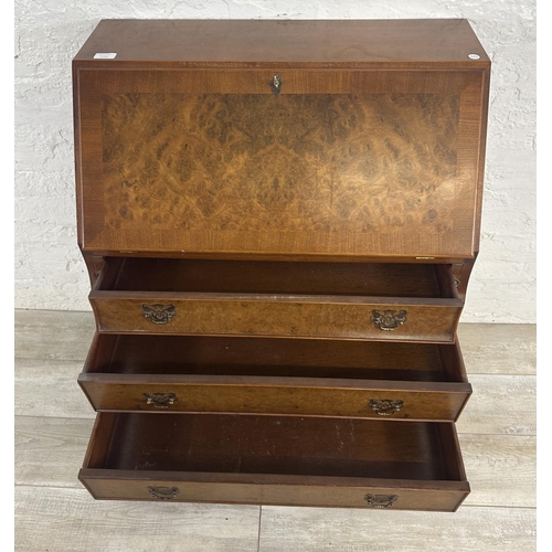 73A - A Queen Anne style burr walnut bureau - approx. 99cm high x 74cm wide x 41cm deep