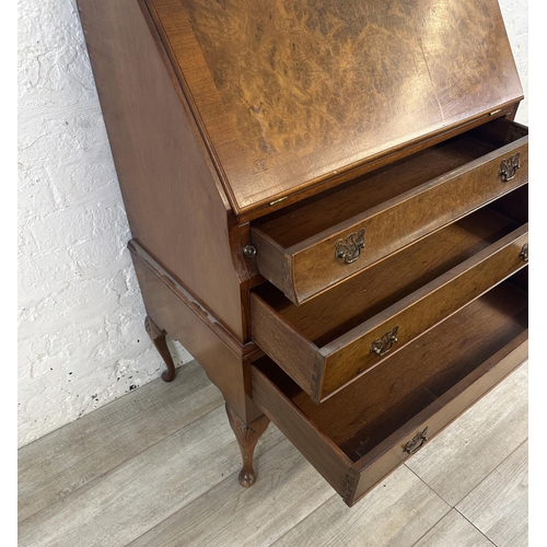 73A - A Queen Anne style burr walnut bureau - approx. 99cm high x 74cm wide x 41cm deep