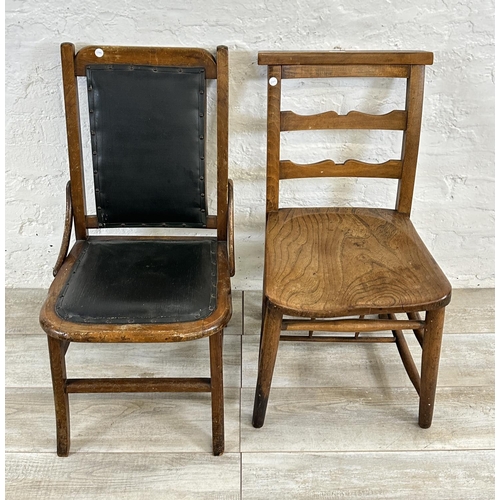 75 - Two early 20th century occasional chairs, one elm and beech chapel and one beech and black vinyl