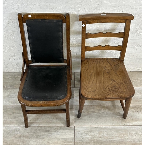 75 - Two early 20th century occasional chairs, one elm and beech chapel and one beech and black vinyl