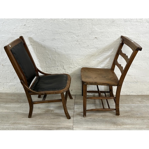 75 - Two early 20th century occasional chairs, one elm and beech chapel and one beech and black vinyl