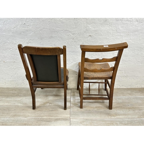 75 - Two early 20th century occasional chairs, one elm and beech chapel and one beech and black vinyl