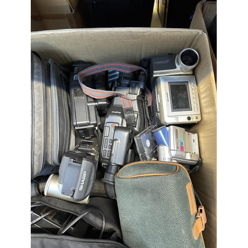 545 - A box containing camcorders to include Sharp, Sanyo etc.