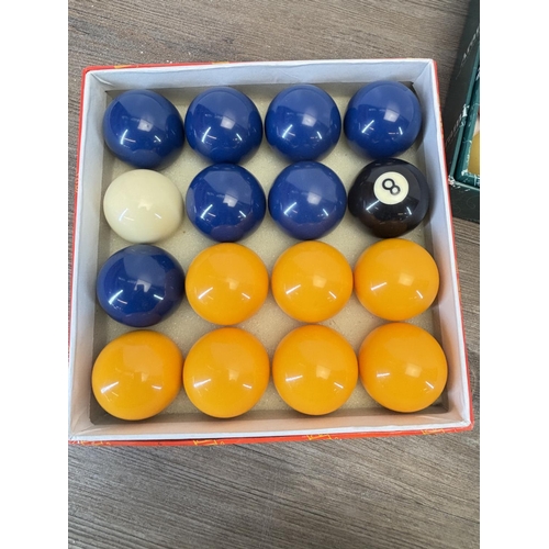 408 - Four boxed sets of pool balls, two Aramith and two Supapro