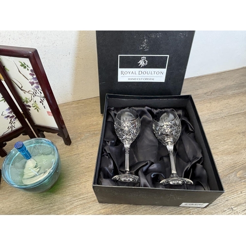 419 - A collection of items to include Royal Doulton hand cut crystal wine glasses, Mats Jonasson deer cry... 