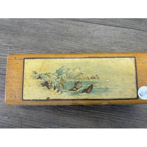 431 - Three Mauchline ware boxes and one wooden cotton reel