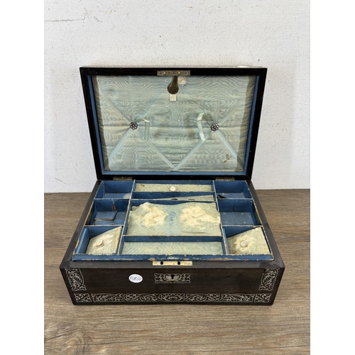 433 - A 19th century mother of pearl inlaid rosewood work box together with a collection of costume jewell... 