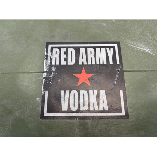 454 - A Red Army Vodka green painted wooden giftset box - approx. 12cm high x 64cm wide x 23cm deep