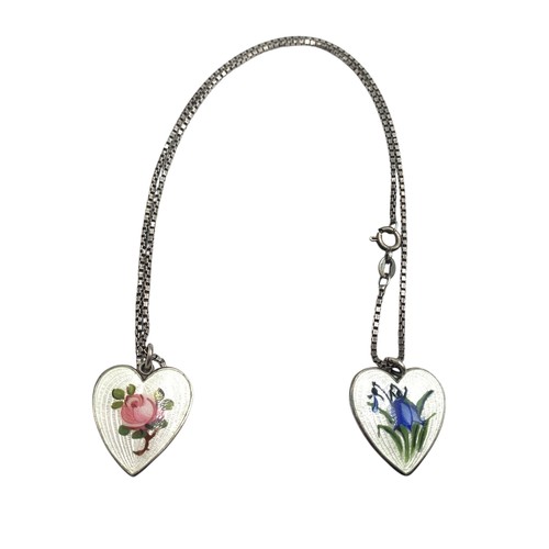 2117 - Two Norwegian Finn Jensen sterling silver and enamel heart shaped floral pendants on .925 silver box... 