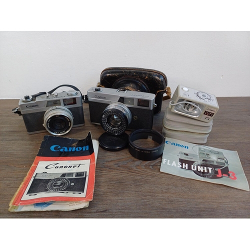 84 - Three Canon items, one cased Canonet automatic-exposure 35mm rangefinder camera fitted with SE 1:1.9... 