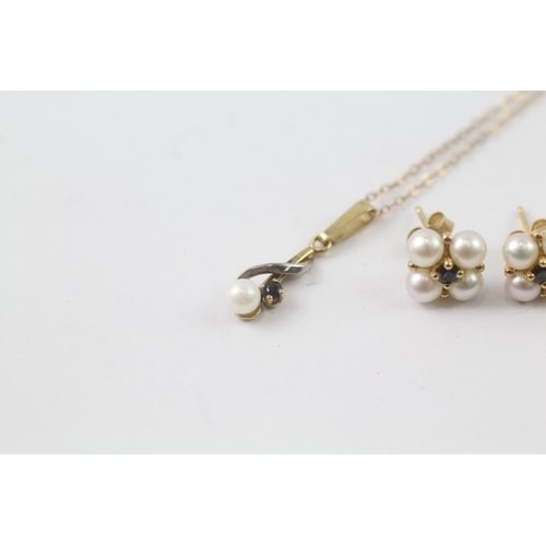 2023 - A 9ct gold sapphire and pearl earrings and pendant necklace set - approx. gross weight 2.3g