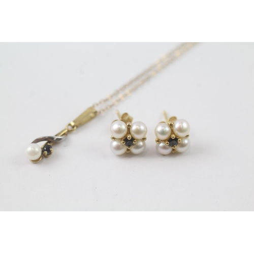 2023 - A 9ct gold sapphire and pearl earrings and pendant necklace set - approx. gross weight 2.3g