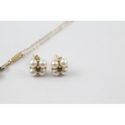 2023 - A 9ct gold sapphire and pearl earrings and pendant necklace set - approx. gross weight 2.3g