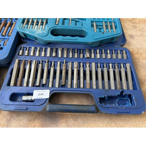 1579 - Four cases containing socket sets, Makita drill bit set, Draper Expert set, Sealy, screwdrivers, hol... 