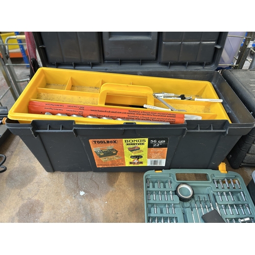 1581 - A collection of tools and accessories to include Big Jim tool box with contents, Stanley accessory t... 