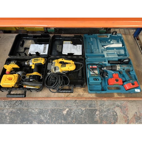 1583 - Three cased power tools, one Makita 8443D combi drill, one cased DeWalt DC925 combi drill and one De... 