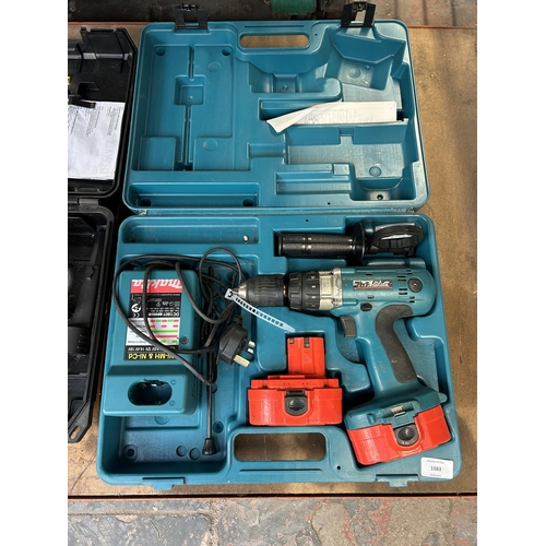 1583 - Three cased power tools, one Makita 8443D combi drill, one cased DeWalt DC925 combi drill and one De... 