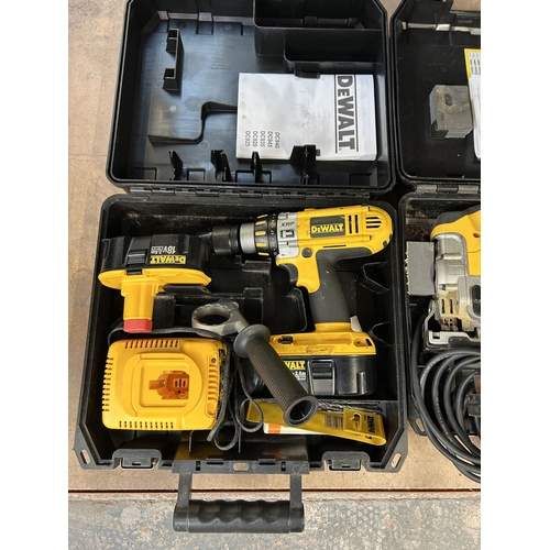 1583 - Three cased power tools, one Makita 8443D combi drill, one cased DeWalt DC925 combi drill and one De... 