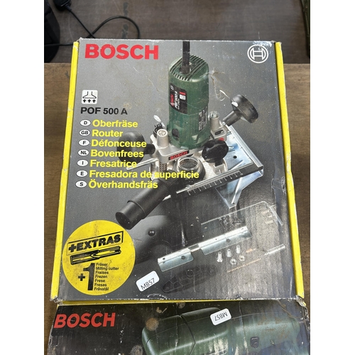 1589 - Three Bosch power tools, one POF500A router, one PSS23 orbital sander and one PHO15-82 planer