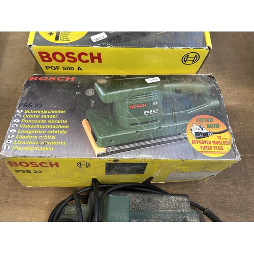 1589 - Three Bosch power tools, one POF500A router, one PSS23 orbital sander and one PHO15-82 planer