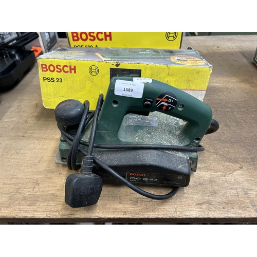 1589 - Three Bosch power tools, one POF500A router, one PSS23 orbital sander and one PHO15-82 planer