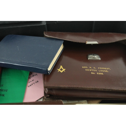 1424 - A collection of masonic items to include paperwork, scrolls, satchels etc.