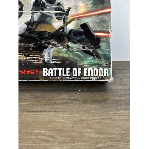 1351 - A boxed Star Wars Scalextric Battle of Endor Luke Skywalker vs Biker Scout 1:32 scale slot system