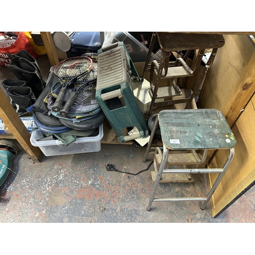 1603 - A collection of house clearance items to include Bosch Rotak 320, metalware, sports equipment, frame... 