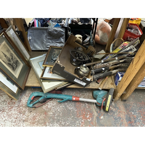 1603 - A collection of house clearance items to include Bosch Rotak 320, metalware, sports equipment, frame... 