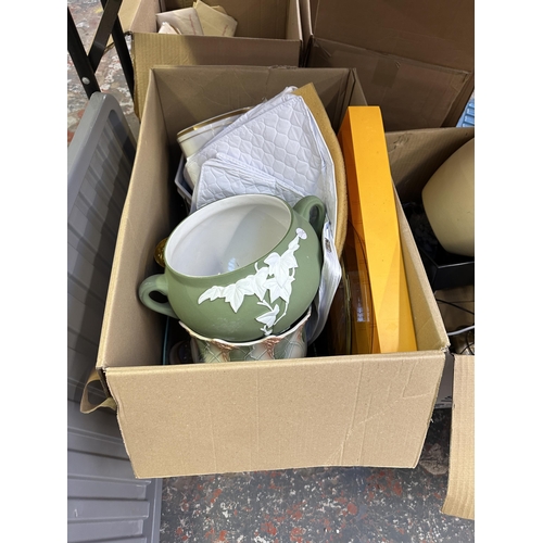 1612 - Three boxes containing Noritake ceramics, metalware, ceramic planters etc. together with four framed... 