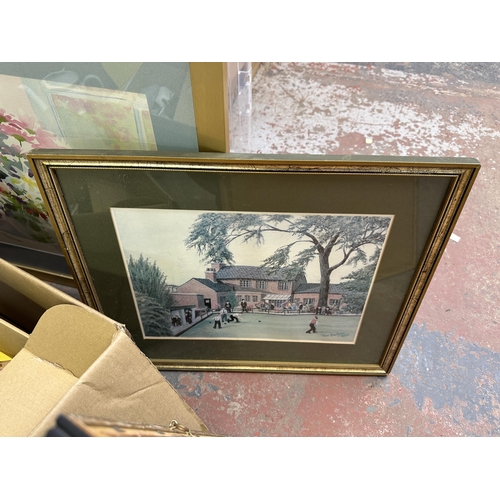 1612 - Three boxes containing Noritake ceramics, metalware, ceramic planters etc. together with four framed... 