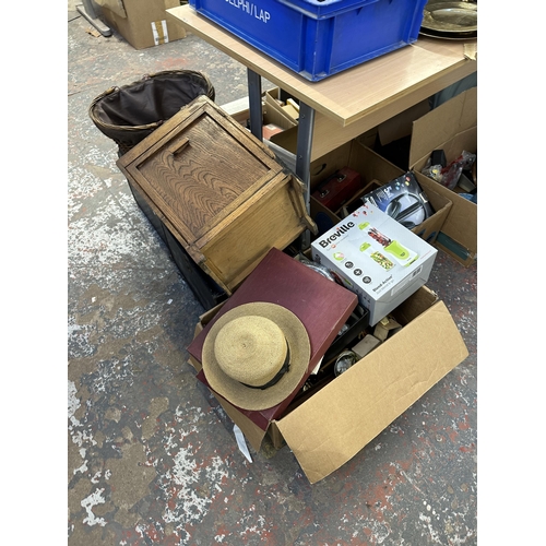 1643 - A collection of items to include vintage leather cases, oak bedside table, Breville blender etc, can... 