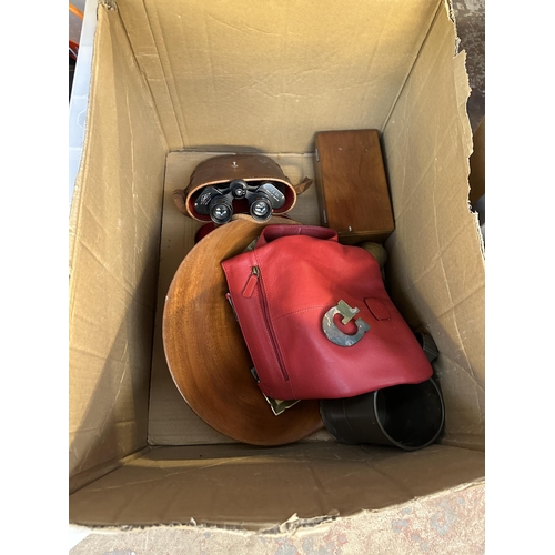 1657 - Three boxes and one wicker basket containing Lumex binoculars, JSP hard hat with visor and earmuffs,... 