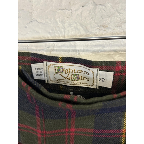 1355 - Three Scottish wool items, one Murray Brothers grey skirt size 20, one Pitiochry tartan kilt size 20... 