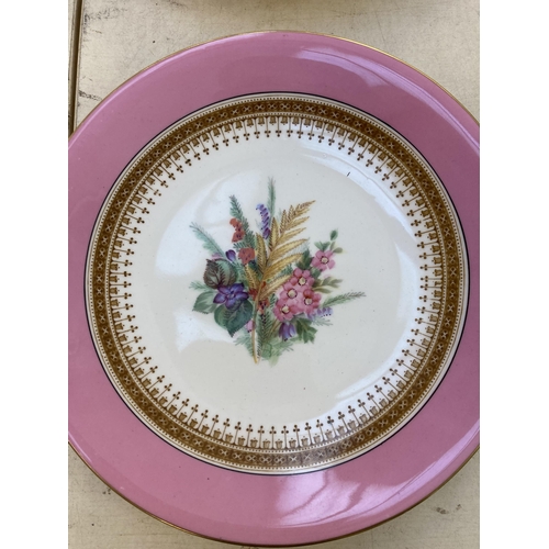 1270 - Six pieces of late 19th century Royal Worcester pink banded hand painted porcelain, five 23cm plates... 