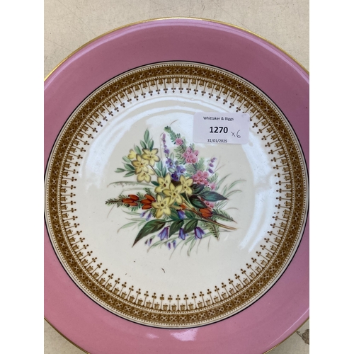 1270 - Six pieces of late 19th century Royal Worcester pink banded hand painted porcelain, five 23cm plates... 