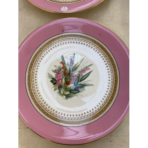 1270 - Six pieces of late 19th century Royal Worcester pink banded hand painted porcelain, five 23cm plates... 