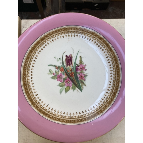 1270 - Six pieces of late 19th century Royal Worcester pink banded hand painted porcelain, five 23cm plates... 