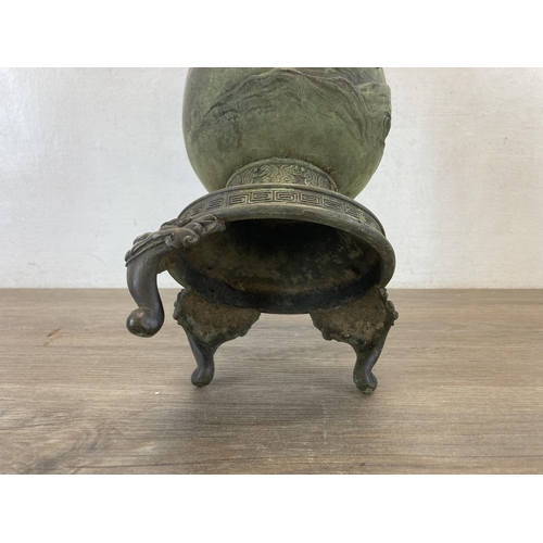 1314 - A Japanese Meiji period bronze twin handled vase with bird and foliate decoration - approx. 41cm hig... 