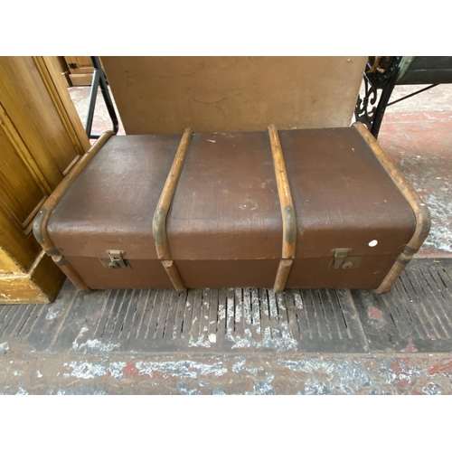 1116 - Seven early 20th century storage items, one leather hat box and six travel trunks - largest approx. ... 