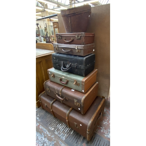 1116 - Seven early 20th century storage items, one leather hat box and six travel trunks - largest approx. ... 