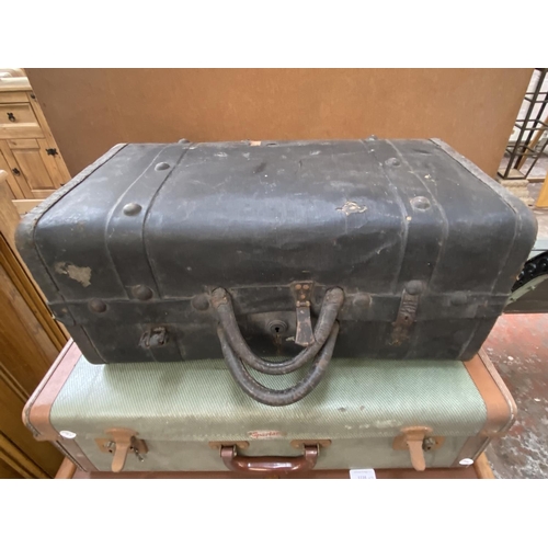 1116 - Seven early 20th century storage items, one leather hat box and six travel trunks - largest approx. ... 