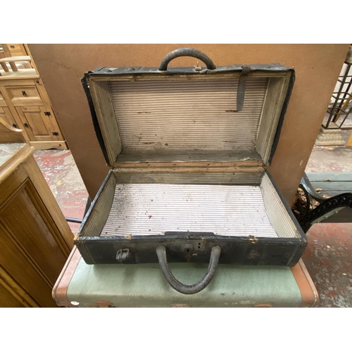 1116 - Seven early 20th century storage items, one leather hat box and six travel trunks - largest approx. ... 